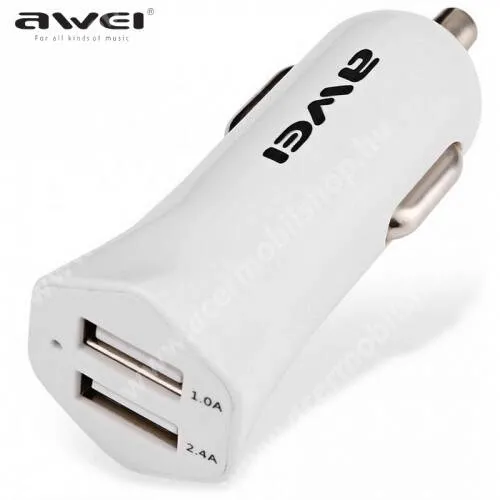  AWEI szivargyújtó töltő / autós töltő 2 x USB aljzat (17W, 5V/1000mA, 5V/2400mA, gyorstöltés támogatás, kábel nélkül) FEHÉR - C-300_W - GYÁRI