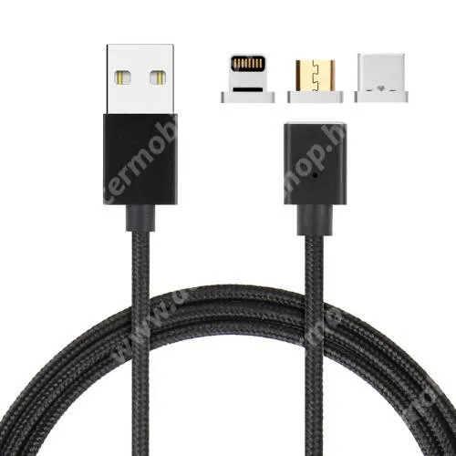 ACER Liquid Z2 Mágneses adatátviteli kábel / USB töltő - 3 az 1-ben Lightning, microUSB, Type-C / USB csatlakozás, 1m, 5V/2.1A, 10W, cserélhető fejekkel, szövettel bevont - FEKETE