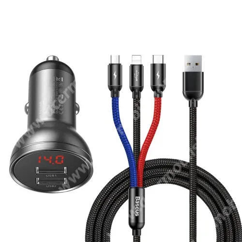 ACER Liquid E3 Duo Plus BASEUS szivargyújtós töltő / autós töltő + 3 az 1-ben töltőkábel - 2x USB aljzat: 5V-2.4A; USB 1+ USB 2: 5V-4.8A, 24W, gyorstöltés támogatás, LED kijelző, 1,2m-es töltőkábellel (Lightning, microUSB, Type-C / USB csatlakozás) - FEKETE - GYÁRI