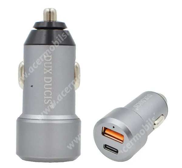  DUX DUCIS szivargyújtós töltő / autós töltő - USB + Type-C aljzat, 5V / 3000mA, 24W, QC 3.0, PD gyorstöltés támogatás, kábel NÉLKÜL! - SZÜRKE - B30 - GYÁRI