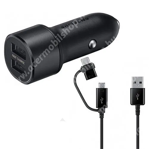  SAMSUNG szivargyújtós töltő / autós töltő 2x USB aljzattal - 5V / 2000mA, 15W, gyorstöltés támogatás, LED + Type-C / microUSB kábel - FEKETE - EP-L1100WBEG - GYÁRI
