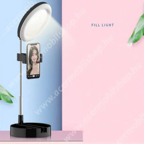 ACER Liquid Z630S UNIVERZÁLIS asztali telefon tartó állvány - 64 LEDES selfie / szelfi körfény 6-12W, állítható színhőmérséklet, 3500K-6000K, sminktükör, 360°-ban forgatható - 30-58cm-ig állítható magasság, 172 x 172 x 70mm - FEKETE