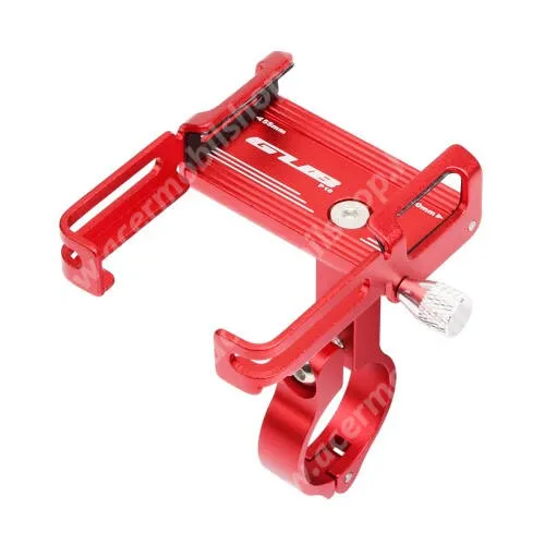  GUB P10 UNIVERZÁLIS biciklis / kerékpáros tartó konzol mobiltelefon készülékekhez - PIROS - alumínium, elforgatható, szilikon heveder, 21-31,8 mm átmérőjű kormányra alkalmas, 55-100mm-ig állítható bölcső - 4-6,7"-os készülékekhez