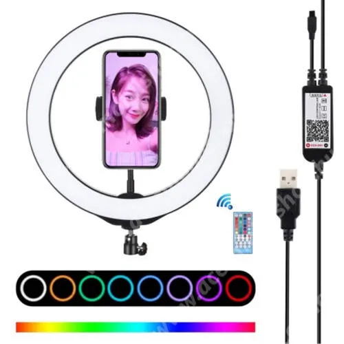 ACER Liquid Z410 PULUZ UNIVERZÁLIS telefon tartó tripod állványra rögzíthető - RGBW LED selfie körfény, állítható szín, 12W, távirányítóval, zenére világít, letöltehető alkalmazás, 360°-ban forgatható, 1/4" univerzális csavar - FEKETE