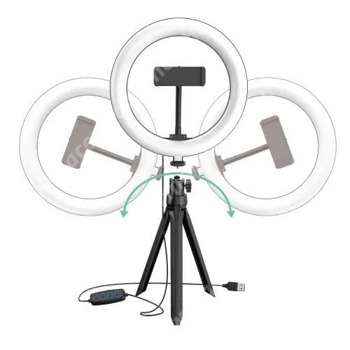 ACER Liquid M220 UNIVERZÁLIS telefon tartó tripod állvány / körfény - 20cm LED selfie körfény, állítható színhőmérséklet / fényerő, 3200-5800K, 360°-ban forgatható, 1/4" univerzális csavar, 60-85mm-ig nyíló bölcső - FEKETE