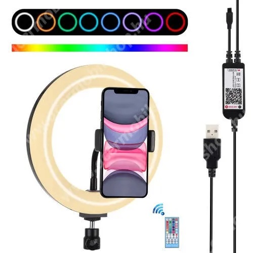 Acer Liquid E3 E380 PULUZ UNIVERZÁLIS telefon tartó / RGBW LED selfie körfény - állítható szín, 11W, távirányítóval, 60-85mm-ig nyíló bölcső, letöltehető alkalmazás, 360°-ban forgatható, 1/4" univerzális csavar, AZ ÁLLVÁNY NEM TARTOZÉK! - FEKETE