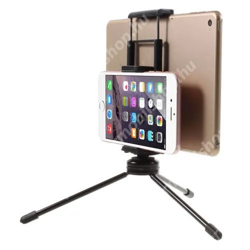 ACER Liquid Z5 UNIVERZÁLIS asztali tartó / TRIPOD fotó állvány - 57-87 mm-es bölcsővel telefonokhoz, 112-192 mm-es bölcsővel tabletekhez, 360 fokban forgatható, univerzális 1/4"-es csatlakozó - FEKETE