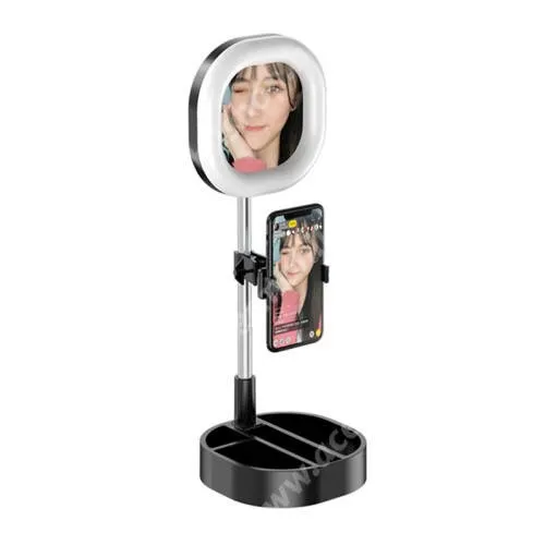 ACER Liquid Z220 UNIVERZÁLIS asztali telefon tartó állvány - 64 LEDES selfie / szelfi körfény / sminktükör,  5-15W, állítható színhőmérséklet / fényerő, 3500K-6000K, 360°-ban forgatható, 63-83mmig nyíló bölcső, 30-58cm-ig állítható magasság - FEKETE