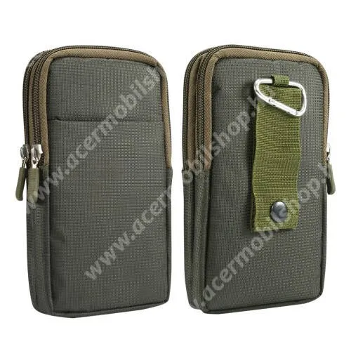 ACER Liquid S1 UNIVERZÁLIS álló tok - cipzár, karabiner, övre fűzhető, több fakkos - ZÖLD - belső méret: 175 x 100 x 15mm