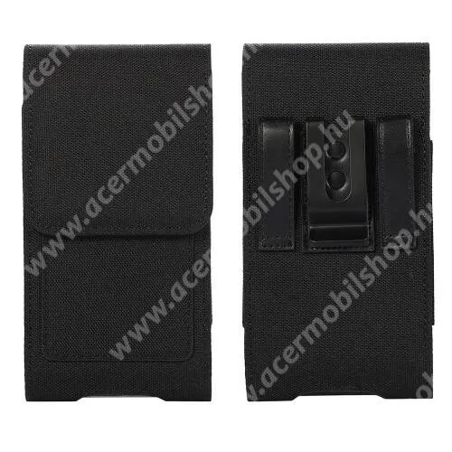ACER Liquid S1 UNIVERZÁLIS álló tok - övre fűzhető / övcsipesz, mágneses záródás, bankkártyatartó zseb, gumis, cseppálló oxford szövet - belső méret: 177 x 92mm - FEKETE