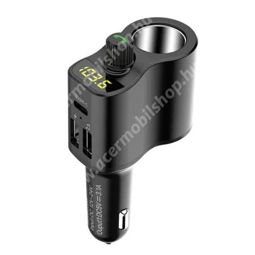 UNIVERZÁLIS BLUETOOTH kihangosító szett - 1x extra szivargyújtó aljzat, szivartöltőbe tehető, FM transmitterrel csatlakozik autórádióra, EXTRA USB / Type-C töltő aljzatok (max. 3.1A), v5.0, kártyaolvasó, 12V-24V-ról is használható - FEKETE