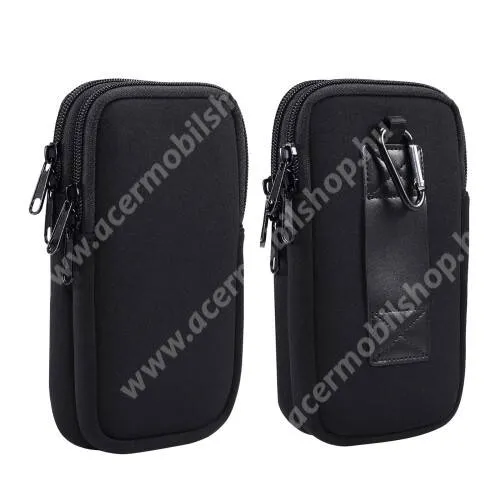 ACER beTouch E210 UNIVERZÁLIS tok / táska - FEKETE - neoprén szövet, övre fűzhető, cseppálló, belső hálós zseb, cipzár, nyakba akasztható, két fakkos, karabiner - 170 x 105 x 20mm