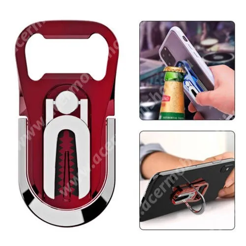  UNIVERZÁLIS ujjtámasz, gyűrű tartó, sörnyitó - Biztos fogás készülékéhez, alumínium, üvegnyitó, 360°-ban forgatható, kitámasztható, szellőzőrácsra rögzíthető - PIROS - 64 x 27 x 4.5mm