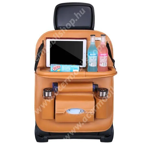 ACER Liquid Z3 UNIVERZÁLIS Autóülésre rögzíthető több rekeszes tároló / Háttámlavédő  - műbőr, könnyen felrögzíthető, cseppálló, 65 x 50cm - VILÁGOSBARNA