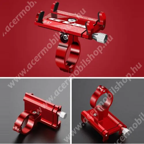  GUB G-81 UNIVERZÁLIS biciklis / kerékpáros / motoros tartó konzol mobiltelefon készülékekhez - PIROS - alumínium, elforgatható, 22,2-31,8 mm átmérőjű kormányra alkalmas, 55-100mm-ig állítható bölcső - 3-6,8"-os készülékekhez