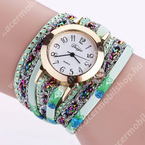 ACER Liquid Z5 Hagyományos női kvarcóra - VILÁGOSZÖLD - strasszkővel díszített, karkötő, felület átmérő: 2.4cm, számlap vastagsága: 0.8cm, szíj szélessége: 1.5cm, szíj hossza: 49cm