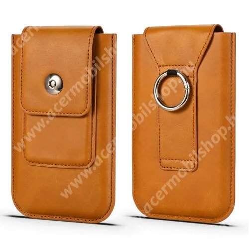 Acer Liquid E3 E380 UNIVERZÁLIS álló bőrtok - PU bőr, patent záródás, övre fűzhető, bankkártyatartó zseb, fém gyűrű, akasztható, belső méret: 155mm x 88mm x 14mm - VILÁGOSBARNA