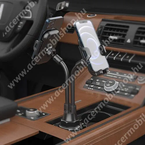 ACER Liquid S1 UNIVERZÁLIS autós / gépkocsi tartó - pohártartóba rögzíthető, extra dupla flexibilis karos, egyszerre 2 telefonnal is használható, 360°-ban forgatható, 54-95mm-ig nyíló bölcsők - FEKETE