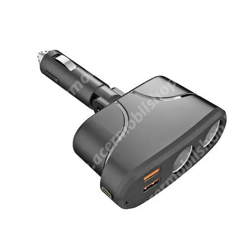 ACER Iconia Tab A500 Szivargyújtó töltő / autós töltő elosztó - 2x USB port (QC 3.0 5V/3A,9V/2A,12V/1.5A), 1x Type-C aljzat (PD 20W 5V/3A,9V/2.22A,12V/1.5A), 2 extra szivargyújtó aljzat, 12-24V, 100W(max!), PD gyorstöltés támogatás - FEKETE