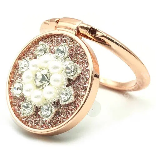 ACER Liquid S1 UNIVERZÁLIS fém ujjtámasz, gyűrű tartó - Biztos fogás készülékéhez, kitámasztható, gyönggyel és strasszkővel díszített - ROSE GOLD VIRÁG MINTÁS