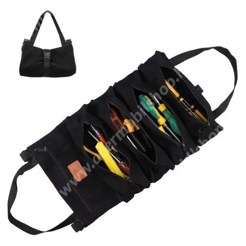 ACER Liquid Z3 UNIVERZÁLIS szerszám táska / tároló - vastag szövet, többzsebes kialakítás, vízálló, 5 cipzáras zseb, feltekerhető, hordozó fül, csatos, 47 x 28 cm - FEKETE