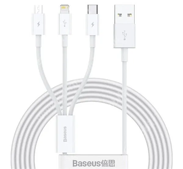 ACER Liquid Z3 BASEUS SUPERIOR 3 az 1-ben adatatátviteli kábel / USB töltő - USB Type-C, microUSB, Lightning / USB csatlakozás, 1.5m hosszú, 3.5A, 18W - FEHÉR - CAMLTYS-02 - GYÁRI