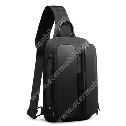ACER Liquid S1 Mark Ryden™ Link Mini stílusos férfi crossbody, melltáska - FEKETE - vízálló oxford szövet, YKIK cipzár, állítható pánt, 9,7" méretű készülék bele fér, 35 x 22 x 12 cm, 1 x USB, 1 x microUSB töltőport, kulacstartó - MR7219 - GYÁRI