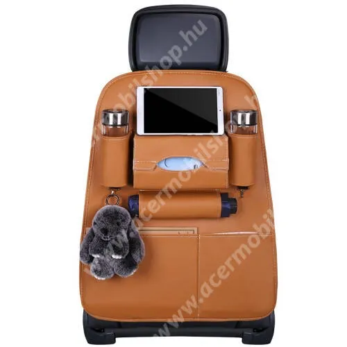 ACER Liquid Z3 UNIVERZÁLIS Autóülésre rögzíthető több rekeszes tároló / Háttámlavédő - műbőr, több rekeszes rendszerező, könnyen felrögzíthető, zsebkendő tartó, esernyő és italtartó zseb, cseppálló - BARNA