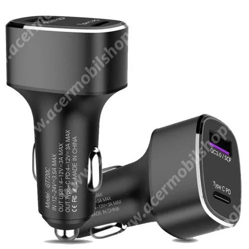 ACER Liquid Z2 UNIVERZÁLIS szivargyújtós töltő / autós töltő - 36W, 1x USB aljzat 4-12V/3A max, 1x Type-C aljzat 12-24V/3.5A max, QC 3.0 / PD / HUAWEI SuperCharge gyorstöltés támogatás, kábel NÉLKÜL! - FEKETE