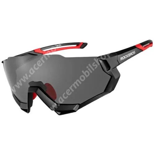  ROCKBROS 10133 kerékpáros polarizált fotokróm sportszemüveg - polarizált lencse, fényre sötétedő lencsével, 5db gyorsan cserélhető lencsével, UV védelemmel, ultrakönnyű keret, cipzáros tartóval - FEKETE - GYÁRI