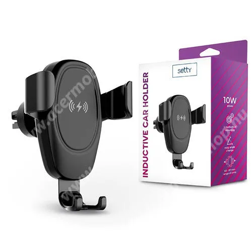  SETTY Gravity univerzális autós / gépkocsi tartó - FEKETE - szellőzőrácsra rögzíthető, QI wireless vezetéknélküli funkció, 10W (max!), fogadóegység nélkül!, 65-87mm-ig nyíló bölcső