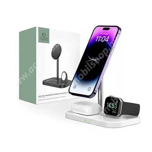  TECH PROTECT 3 az 1-ben Apple Watch, Airpods és iPhone asztali tartó Qi Wireless asztali töltő funkcióval - FEHÉR - 15W, gyorstöltés támogatás, MagSafe kompatibilis - GYÁRI