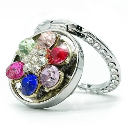  UNIVERZÁLIS fém ujjtámasz, gyűrű tartó - Biztos fogás készülékéhez, kitámasztható, strasszkővel díszített - EZÜST VIRÁG MINTÁS