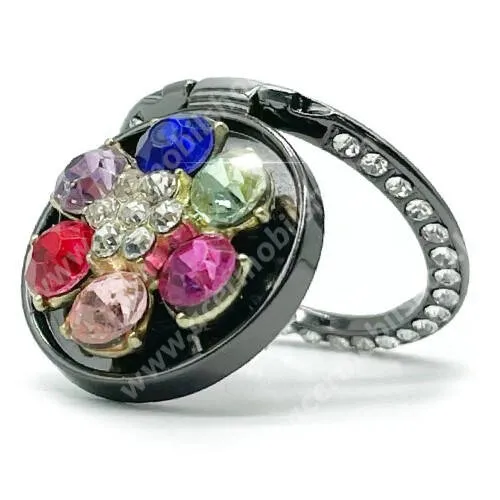 MOTOROLA One Power (P30 Note) UNIVERZÁLIS fém ujjtámasz, gyűrű tartó - Biztos fogás készülékéhez, kitámasztható, strasszkővel díszített - FEKETE VIRÁG MINTÁS