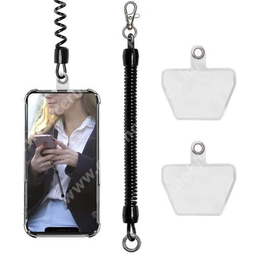  UNIVERZÁLIS tokba helyezhető rugalmas heveder / elvesztésgátló - tokba helyezhető tartó rész, 12cm hosszú, 90cm-ig nyújtható, rugalmas, karabiner - FEKETE / ÁTLÁTSZÓ