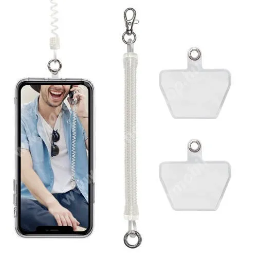  UNIVERZÁLIS tokba helyezhető rugalmas heveder / elvesztésgátló - tokba helyezhető tartó rész, 12cm hosszú, 90cm-ig nyújtható, rugalmas, karabiner - ÁTLÁTSZÓ