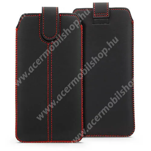 Acer Liquid E3 E380 UNIVERZÁLIS álló tok - FEKETE / PIROS VARRÁS - PU bőr, kihúzható tépőzár, ultravékony kialakítás, belső puha bélés, külső méret: 170 x 89mm, belső méret: 155 x 78 x 10mm