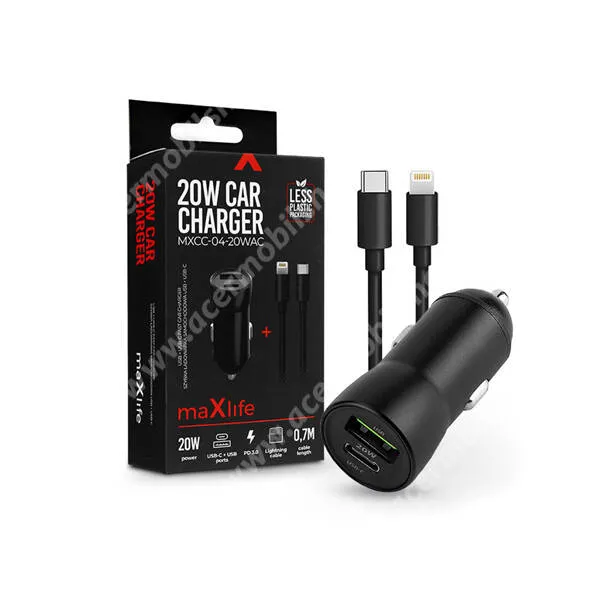 ACER Liquid S1 MAXLIFE szivargyújtós töltő / autós gyorstöltő - FEKETE - 1 x USB, 1 x Type-C aljzat, 20W, PD3.0, QC 3.0 gyorstöltés támogatás, 70cm-es Type-C / lightning adatkábellel - MXCC-04