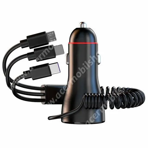 ACER Liquid E600 UNIVERZÁLS szivargyújtós töltő / autós töltő + 3 az 1-ben spirál töltőkábel - 1x USB aljzat, 1x Type-C aljzat, DC12-24V, PD gyorstöltés támogatás, max 230W, LED kijelző, egyszerre 5 eszköz tölthető vele, 1.2m beépített nyújtható kábel (Lightning, microUSB