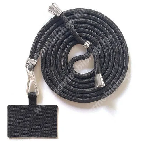  UNIVERZÁLIS tokba helyezhető nyakpánt / vállpánt - FEKETE - tokba helyezhető tartó rész, szövettel bevont, állítható hosszúságú, ezüst fém kampóval, 160cm hosszú