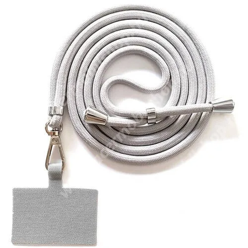 ACER Liquid Z3 UNIVERZÁLIS tokba helyezhető nyakpánt / vállpánt - VILÁGOSSZÜRKE - tokba helyezhető tartó rész, szövettel bevont, állítható hosszúságú, ezüst fém kampóval, 160cm hosszú