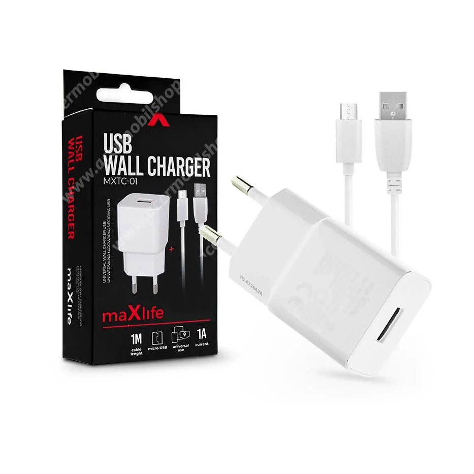 Acer Liquid E3 E380 MAXLIFE hálózati töltő USB aljzattal - FEHÉR - 5V/1A, 5W + 1m microUSB töltő kábel - MXTC-01