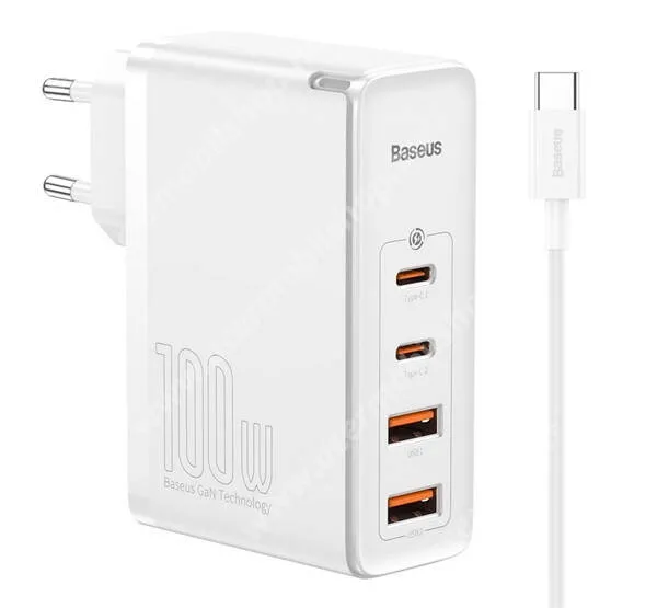 ACER Liquid Z330 BASEUS GaN2 hálózati töltő 2x USB és 2x Type-C aljzattal - QC4.0 és PD gyorstöltés támogatás, 100W + Type-C adatátvitel és töltő kábellel - FEHÉR - CCGAN2P-L02 - GYÁRI