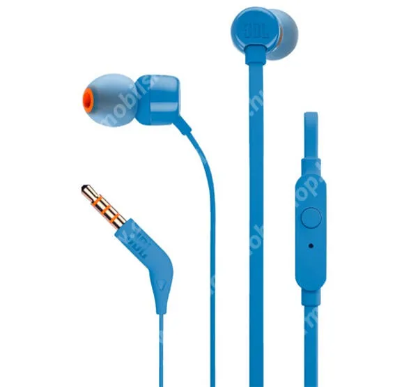  JBL UNIVERZÁLIS sztereo headset - 3,5mm jack csatlakozó, mikrofon, felvevő gomb, lapos kábel - KÉK - T110 - GYÁRI