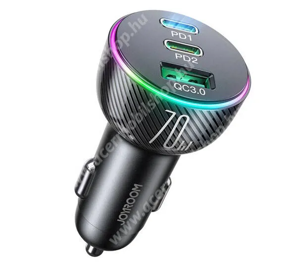  JOYROOM szivargyújtós töltő / autós töltő - 1x USB aljzat, 2x Type-C aljzat, 70W, RGB LED világítás, PD gyorstöltés támogatás, KÁBEL NÉLKÜL! - FEKETE - JR-CL26_3 - GYÁRI
