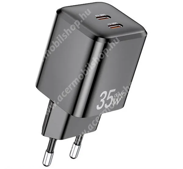  AWEI PD65-EU hálózati töltő - FEKETE - 2x Type-C aljzat, 35W, GaN, PD gyorstöltés támogatás, KÁBEL NÉLKÜL! - PD65-EU - GYÁRI