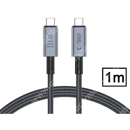  TECH PROTECT ULTRABOOST adatátviteli kábel / USB4.0 töltő - Type-C / Type-C csatlakozók, 240W, 1m hosszú, szövettel bevont, 48V/5A max!, 40Gbps adatátviteli sebesség, PD gyorstöltés támogatás, törésgátló, 8K/60Hz (7680 x 4320) - FEKETE - GYÁRI