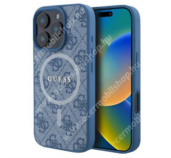  Apple iPhone 16 Pro, GUESS 4G RING CLASSIC LOGO, Telefontok, Műanyag, Bőrrel bevont hátlap, Szilikon keret, MagSafe támogatás, Világoskék