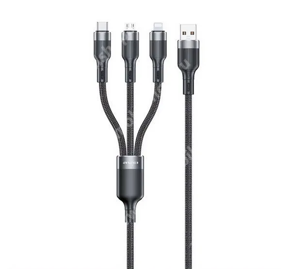 ACER Liquid S1 AWEI CL-975 3 az 1-ben töltő kábel, Type-C, microUSB, Lightning - USB csatlakozás, 100W, 120cm hosszú, Törésgátló, Szövettel bevont, Gyorstöltés támogatás, Fekete