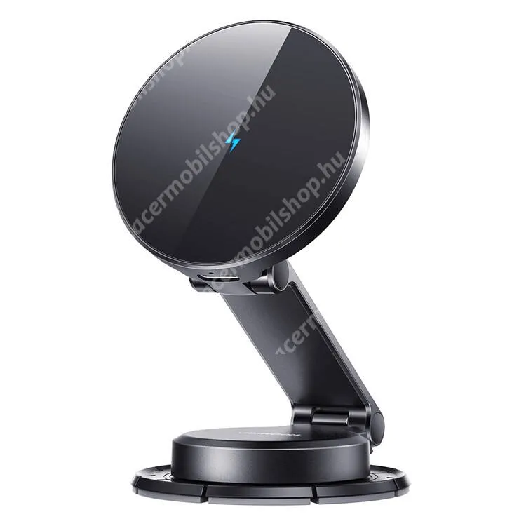 ACER Liquid S1 JOYROOM mágneses autós telefon tartó állvány, Műszerfalra rögzíthető, Magsafe támogatás, 15W QI wireless vezetéknélküli töltés, 360°-ban forgatható, LED jelzés, Fém lappal, Gyorstöltés támogatás, Fekete